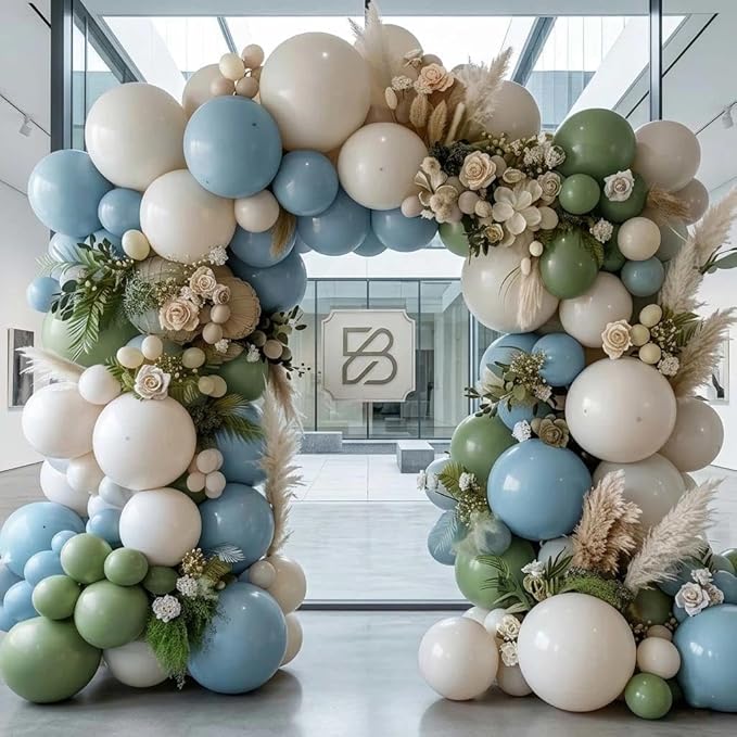 Dusty Blue Green Balloon Garland Arch Kit Double Stuffed Avocado Green Balloons Thick Latex White Sand Pastel Blue Balloons Kit For Jungle Safari Neutral Birthday Baby Shower Party Deocrations