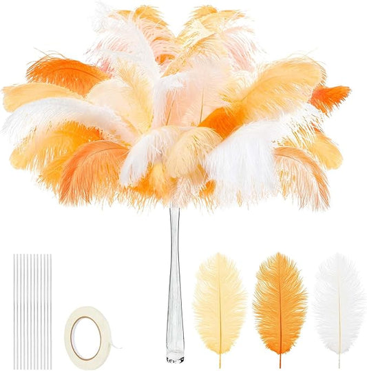Juexica 80 Set Natural Ostrich Feathers Bulk with Iron Wire for Centerpieces Boho Large 10 to 12 Inch Feathers for Vase Wedding Party Floral Arrangement Home Decorations (Peach Pink, Orange, Yellow)