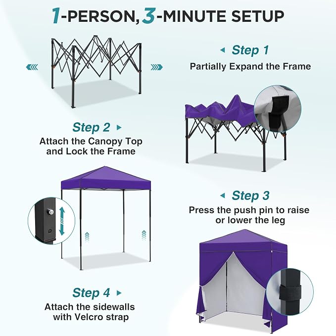 EAGLE PEAK 6x4 Instant Pop Up Canopy Tent with 4 Side Wall Panels, Straight Leg Sun Shelter, Portable Canopy with Carry Bag for Camping, Beach & Sports, Purple