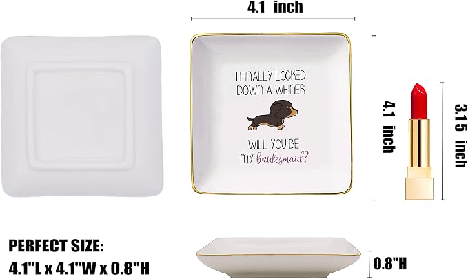 Topthink I Finally Locked Down A Weiner Will You Be My Bridesmaid – Ceramic Jewelry Holder Ring Dish Trinket Tray - Gift Maid of Honor Bachelorette Party Wedding Gifts for Besties Friends Women