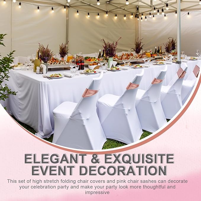 Preboun 50 Pack White Folding Chair Cover Set with 25 Spandex Chair Slipcovers 25 Sequin Chair Sashes Bow Washable Chair Protector Chair Cover for Party Wedding Banquet Event(White, Rose Gold)