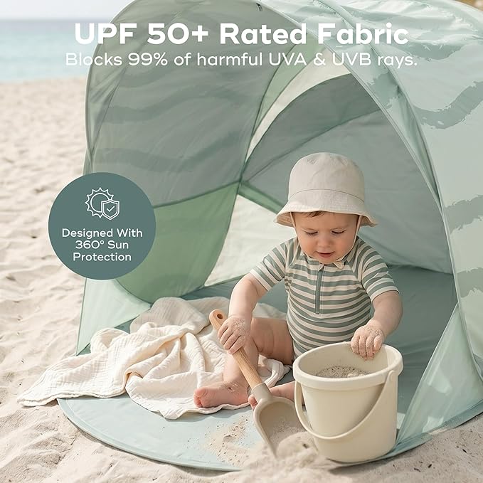 Babymoov Moov & Protect Anti-UV Cooling Beach Tent for Babies with Integrated Mosquito Net, Portable, Green Lagoon (Summer 2025 Edition)