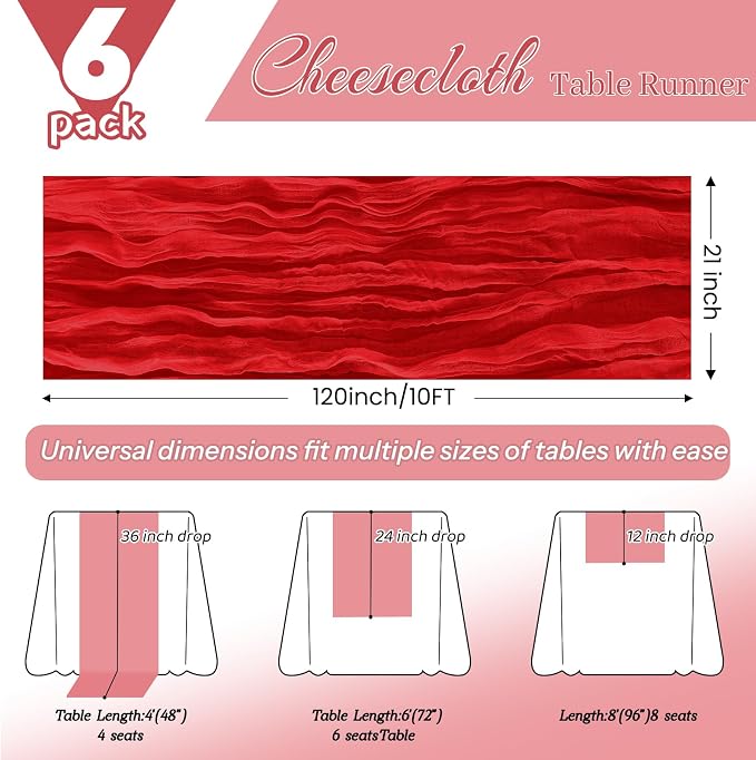 6 Pack Red Cheesecloth Table Runner 21x120 Inches, Boho Gauze Rustic Semi Sheer Cheese Cloth Table Runners for Easter Wedding Bridal Baby Shower, Birthday Party, Long Farmhouse Table Decor