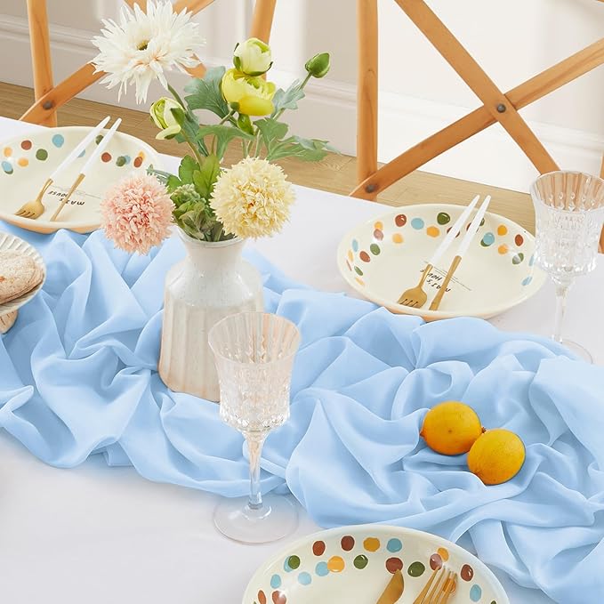 Horbaunal 2 Pack Baby Blue Chiffon Table Runners 10FT Sheer Chiffon Runner 29x120 Inches Romantic Boho Rustic Table Runner for Wedding Party Bridal Baby Shower Table Decorations