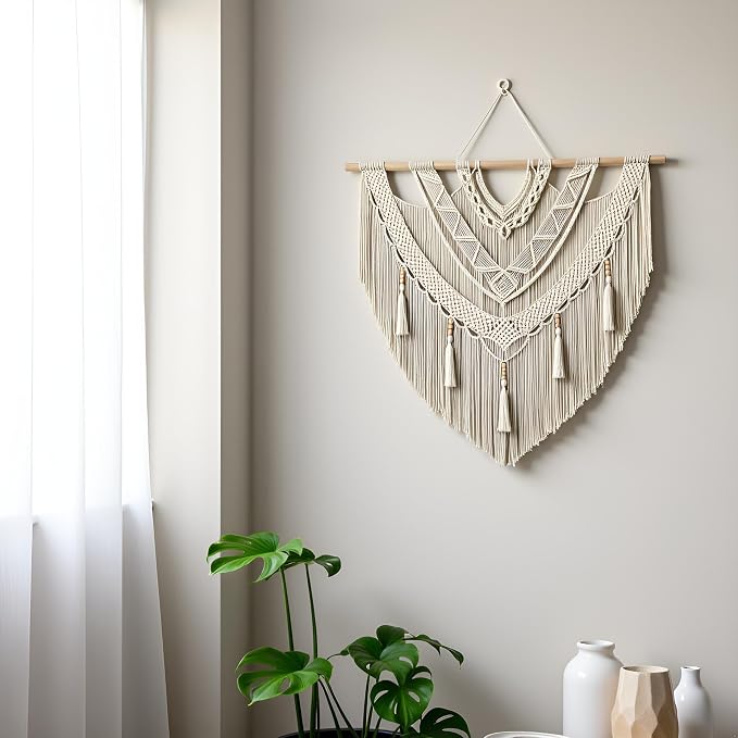 large macrame wall hanging - Boho Tapestry Macrame Wall Decor Art- Chic Bohemian Handmade Woven Tapestry Home Decoration for Bedroom Living Room Apartment Wedding Party - 43"x40" (Bead Fringe)
