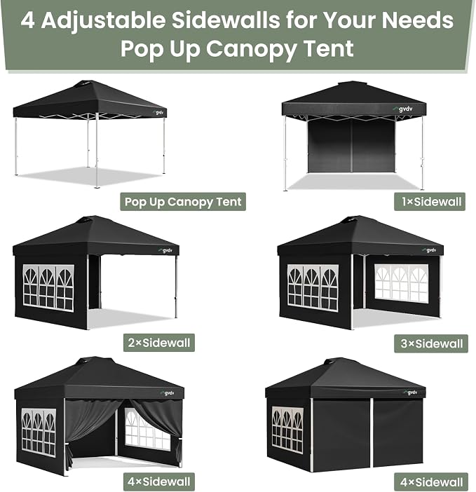 GVDV 10x10 Pop Up Canopy Tent with 4 Sidewalls, Beach Tent with One Push Setup, Outdoor Sun Shade for Events, Parties, Camping - Gazebo with Wheelbag, Black, CP23 B
