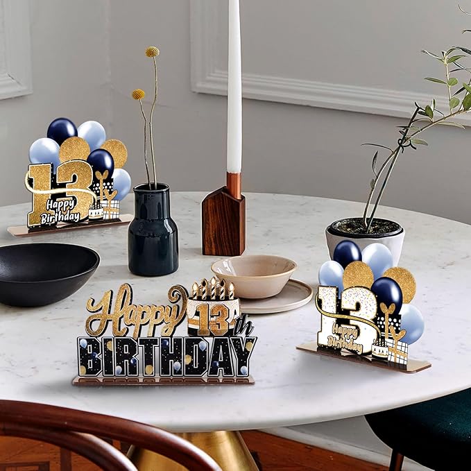 LINGTEER Happy 13th Birthday Gold Acrylic Table Topper Centerpieces Set - Cheers to Thirteen Years Old Birthday 13th Bday Party Gift Decorations.