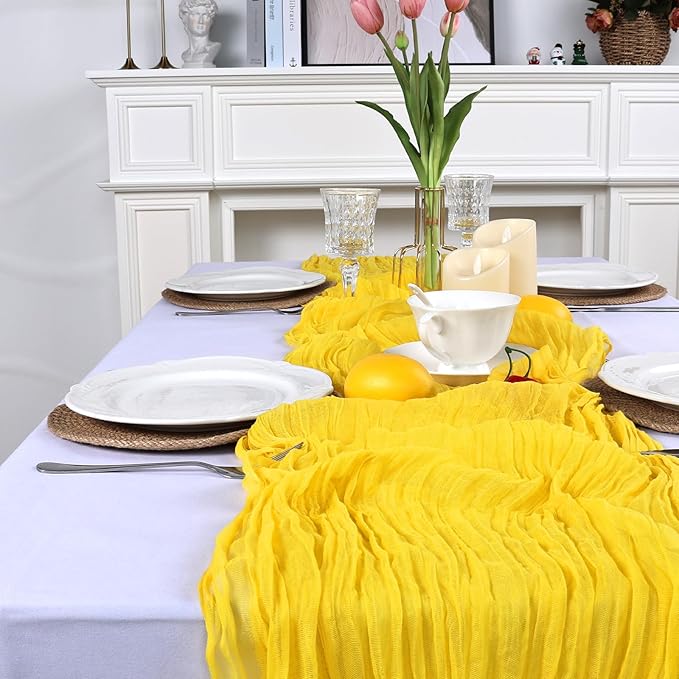 16 Pack Lemon Yellow Cheesecloth Table Runner 10ft Boho Gauze Fabric 120 Inch Cheese Cloth Table Runner Rustic Sheer for Holiday Baby Shower Party Décor Home Wedding Decoration