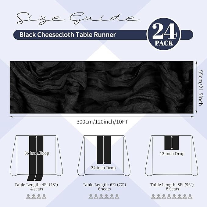 24 Pack Black Cheesecloth Table Runner 120 inch Fall Thanksgiving Boho Rustic Gauze Farmhouse 10FT Cheese Cloth Runner for Baby Shower Wedding Party Holiday Home Decor