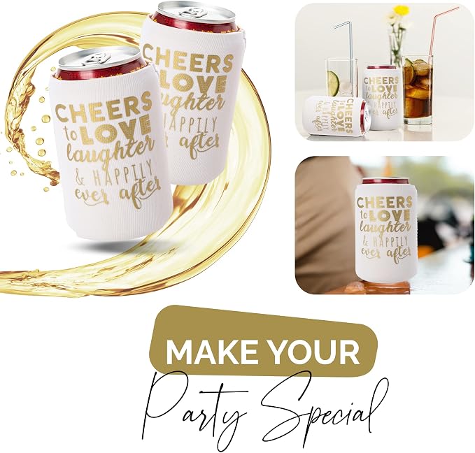 Wedding Can Cooler Decorations Set of 12 - Cheers to Love Laughter and Happily Ever After, Wedding Rehearsal Dinner Decorations - Bridal Showers, Engagement Party Favors for Guests and Supplies