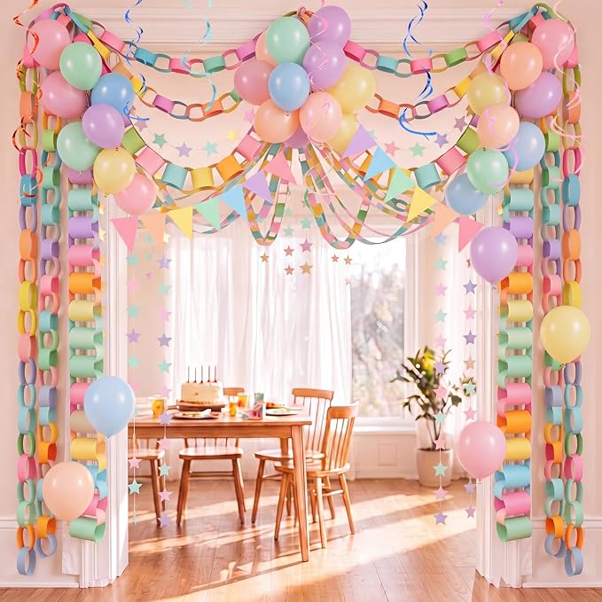 TaoBary Birthday Party Decor Kit 600 Sheet Paper Chain Garland Strips 656ft Crepe Paper 52ft Star Garland 52ft Felt Pennant Flag Pastel Ceiling Swirls 50 Balloons for DIY Birthday Wedding Party