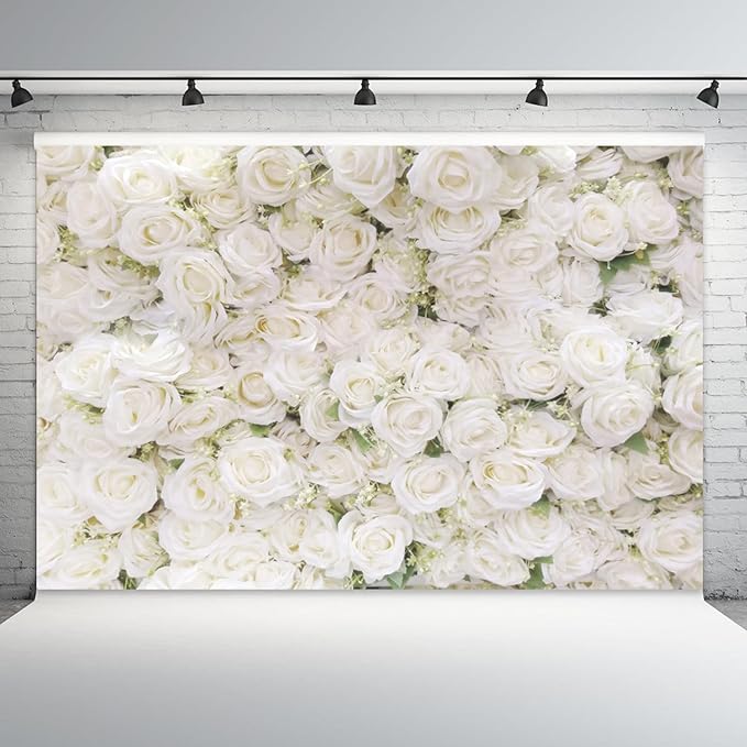 10x7ft Flower Backdrop White Rose Floral Photography Background Engagement Ceremony Bridal Shower Wedding Party Banner Decorations Kids Birthday Newborn Baby Shower Portrait Photo Booth Prop