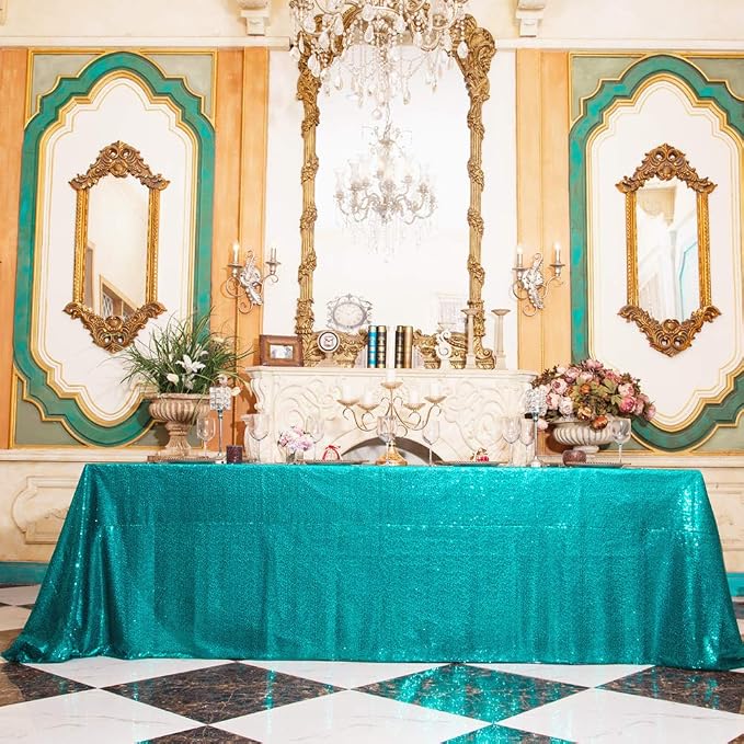 Juya Delight 90" x 132" Teal Sequin Rectangle Tablecloth for Wedding Birthday Party Festival Ceremony Cake Dessert Table