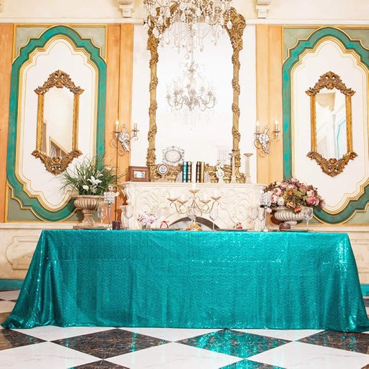 Juya Delight 90" x 132" Teal Sequin Rectangle Tablecloth for Wedding Birthday Party Festival Ceremony Cake Dessert Table