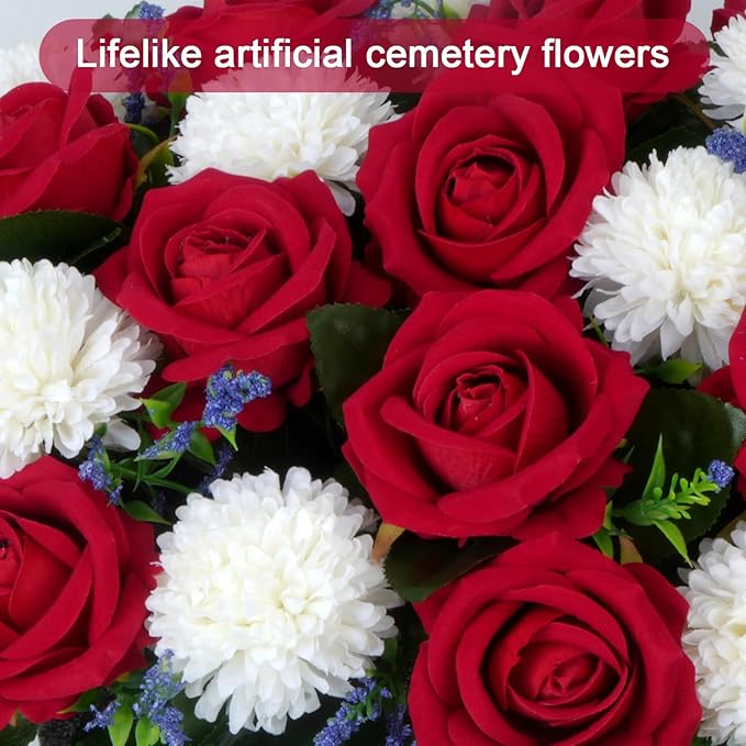 Artificial Cemetery Flower Headstone Flower Saddle 2 Chrysanthemum Rose Bouquets with Vase Memorial Flowers Grave Saddles for Headstone Outdoor Grave Tombstone Decor (Red White)