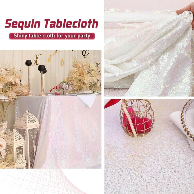 Eternal Beauty White Iridescent Tablecloth, 90x132 Inch Sequin Rectangle Table Cover for Cake Dessert Exhibition Party Birthday Events