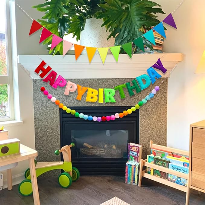 3 Pcs Pre-Strung Reusable Happy Birthday Banner, Handmade Wool Felt Ball Garland, Triangle Flags, Personalized Felt Holiday Sign Pom Pom Garland for Rainbow Party Decorations Fireplace Mantel Wall Window (Birthday Banner + Flags + Rainbow Balls)