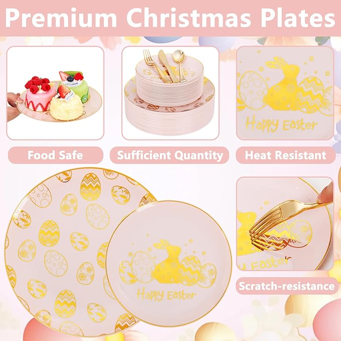 Liacere 150Pcs Easter Plates with Gold Bunny - Pink Plastic Dinnerware Includes 30 Egg and Rabbit 30 Dessert Plates, 30 Forks, 30 Spoons,30 Knives for Easter Party