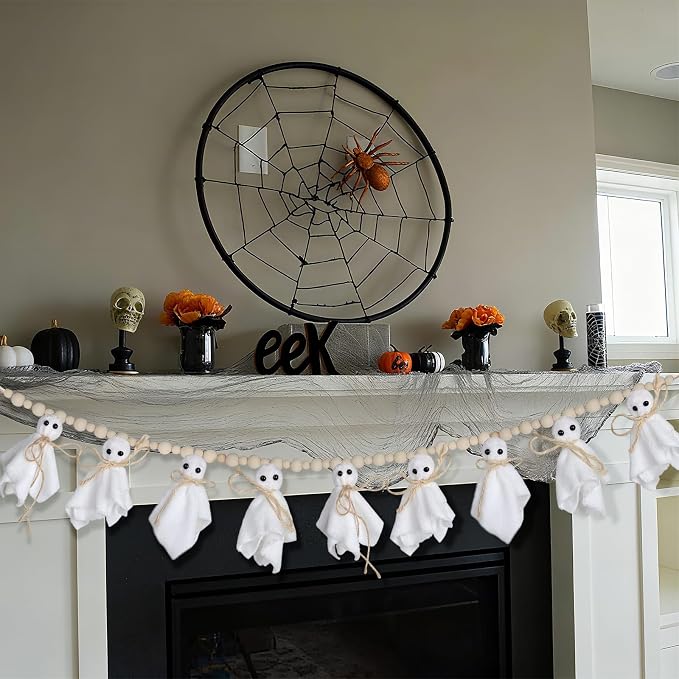 8.5Ft Halloween Ghost Garland with Wooden Beads, Handmade Ghost Banner for Spooky & Cozy Home, Indoor Halloween Decor for Fireplace, Doorways & Outdoor Party