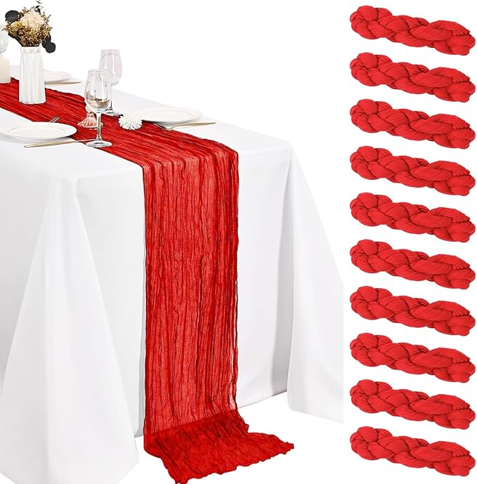 10 Pack Red Cheesecloth Table Runner 10FT Boho Gauze Fabric Cheese Cloth Table Runners for Wedding ,Party,Baby Shower, Bridal Party, Rustic Farmhouse and Table Decorations