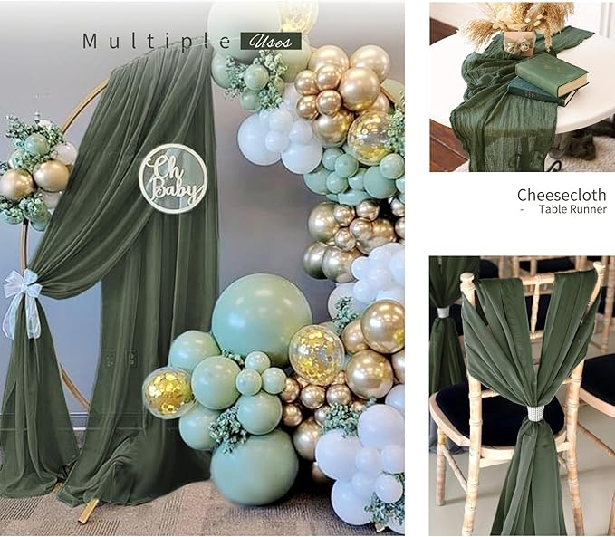10 Pack Cheesecloth Table Runner - Deep Green Gauze, 10FT Long Semi-Sheer for Boho or Rustic Wedding Decor, Arch Draping, Bridal Shower, Holiday Party