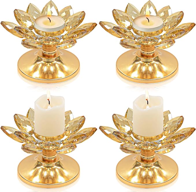 4 PCS Gold Crystal Flower Tea Light Holder, Glass Tealight Candlestick with Metal Base, Votive Candle for Table Centerpiece, Wedding/Parties Decor, Nice Gift