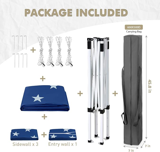 EAGLE PEAK 5x5 Instant Canopy with 4-Side Wall Panels, Small Pop up Portable Canopy Tent with Carry Bag, Light Weight Sun Shelter for Sports, Camping and Beach, American Flag