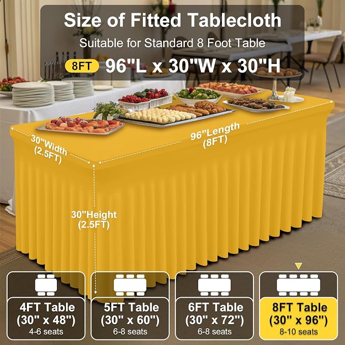 Smiry Spandex Tablecloth 2 Pack, Elastic Fitted Stretch Tablecloth for 8FT Rectangle Tables, Waterproof Washable Table Cover Skirt for Wedding, Banquet & Parties (Mustard Yellow, 96Lx30Wx30H Inch)