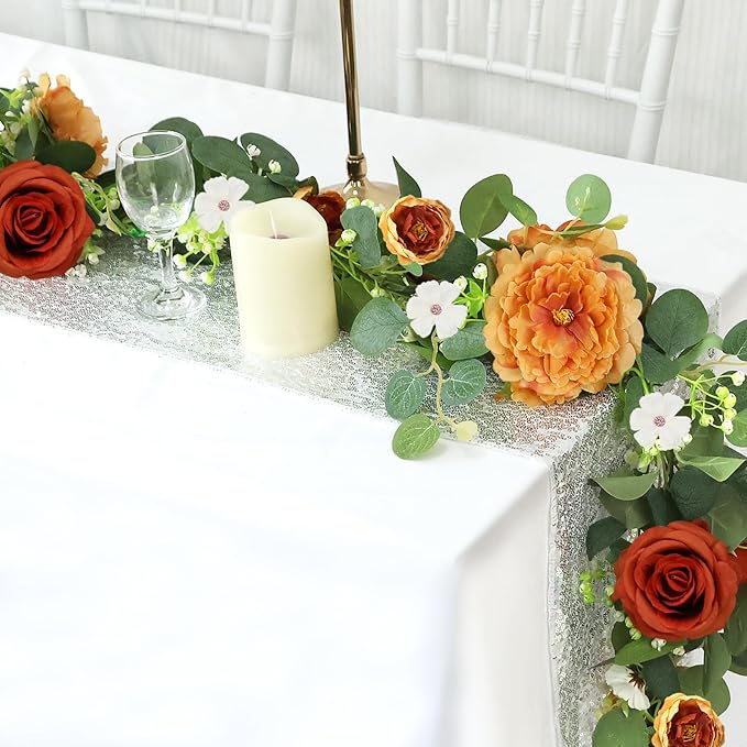 4 Pack 5.9 FT Artificial Flower Garland with Butterflies Fake Rose Garland Faux Greenery Eucalyptus Garlands for Wedding Table Backdrop Arch Centerpieces Decorations -Terracotta Burnt Orange