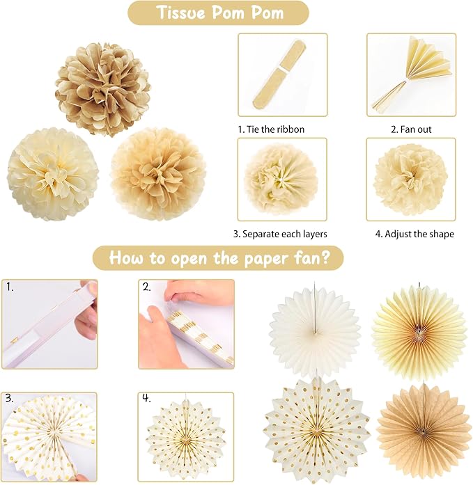 Vlipoeasn Champagne Gold Birthday Party Decorations Set, Happy Birthday Banner Cake Topper Paper Fans Pompoms Latex Balloons Kit, Party Supplies for Women Men Adults Kids Indoor Backdrop Decor