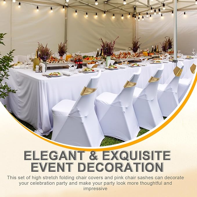 Preboun 50 Pack White Folding Chair Cover Set with 25 Spandex Chair Slipcovers 25 Sequin Chair Sashes Bow Washable Chair Protector Chair Cover for Party Wedding Banquet Event(White, Gold)