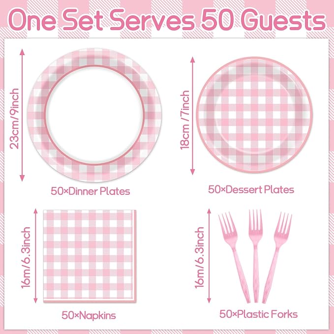 200 PCS Pink Checkered Tableware Disposable Pink And White Checkered Party Supplies Dinnerware Set Plaid Plates Outdoor Supplies Girls Barbecue Picnic Birthday Party Decoration Serve 50 guest