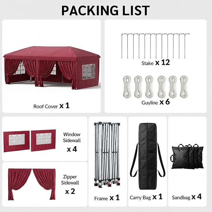 KIGOTY 10x20 FT Portable Pop Up Canopy Tent, Adjustable Height Instant Gazebo with Sidewalls, Sandbags, Waterproof Outdoor Canopy for Camping, Parties, Vendor Events (RED, 3m × 6m with sidewalls)