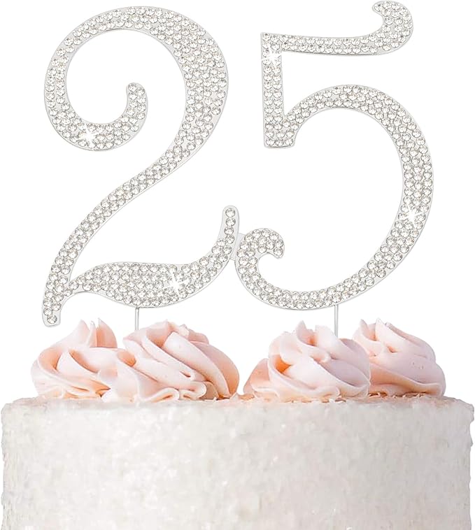 25 Cake Topper - Premium Silver Metal - 25th Birthday or Anniversary Party Sparkly Rhinestone Decoration Makes a Great Centerpiece - Now Protected in a Box