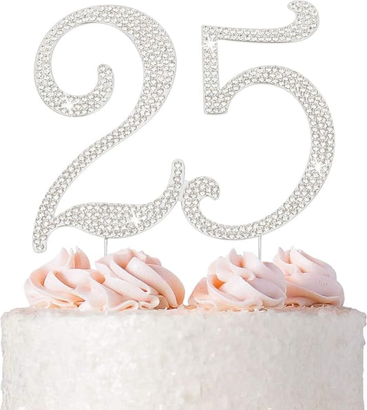 25 Cake Topper - Premium Silver Metal - 25th Birthday or Anniversary Party Sparkly Rhinestone Decoration Makes a Great Centerpiece - Now Protected in a Box