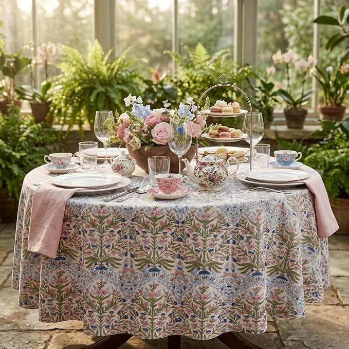 ATOSII Cotton Tablecloth 90" Inches Round Nargis Light Blue