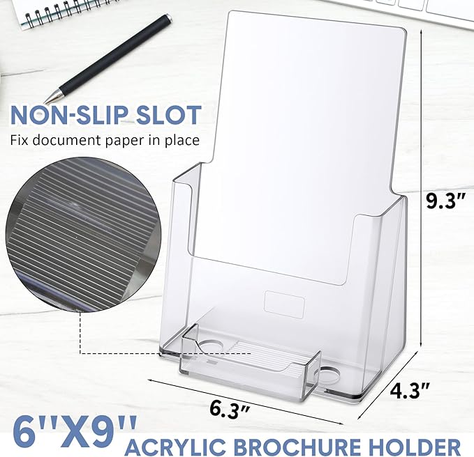 8 Pack 6x9 Acrylic Brochure Holder with Business Card Organizer, Clear Brochure Display Stand, Plastic Flyer Display Stand Holder for Business Card, Pamphlet, Booklets, Magazine, Journals