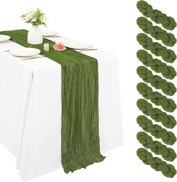 10 Pack Cheesecloth Table Runner 17 x 108 inch Long Boho Gauze Table Runners Semi Sheer Table Runner for Wedding Decor, Baby Shower, Birthday Party, Banquet (Olive Green)