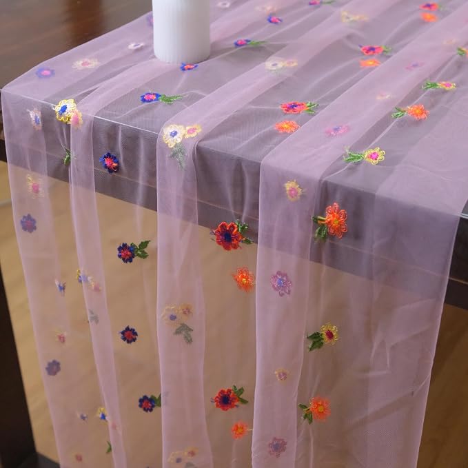Set of 1 Flower Table Runner 10ft, 29 * 120 Inch Pink Table Cloth Sheer Tulle Table Cover,Embroidery Daisy Table Runner for Wedding Party Baby Shower Birthday Home Decor