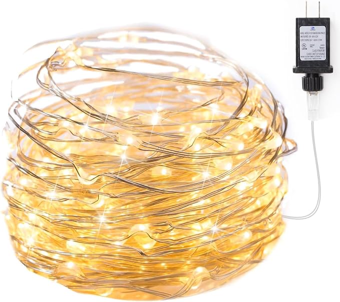 Minetom Fairy Lights Plug in, 33Ft 100 LEDs Waterproof Silver Wire Firefly Light, Adaptor Included, Starry String Lights for Wedding Patio Indoor Outdoor Christmas Decorations, Warm White