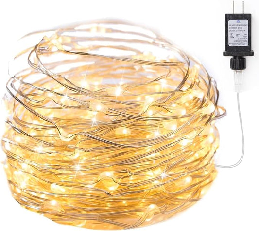 Minetom Fairy Lights Plug in, 33Ft 100 LEDs Waterproof Silver Wire Firefly Light, Adaptor Included, Starry String Lights for Wedding Patio Indoor Outdoor Christmas Decorations, Warm White