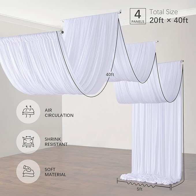 20ftx40ft White Ceiling Curtain for Wedding Parties – 4 Panels Wrinkle-Free 40 FT Long Tent Draping Curtains for Wedding, Birthday & Theme Parties, 40ft Height with Rod Pocket