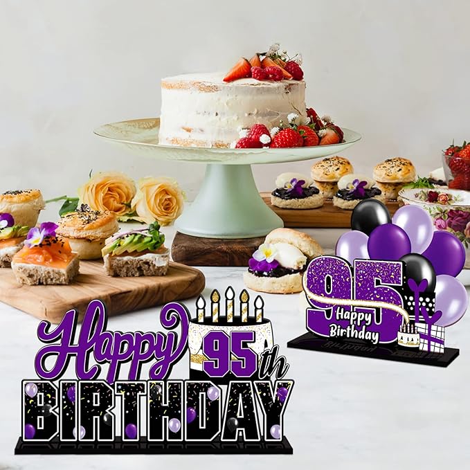 LINGTEER Happy 95th Birthday Purple Acrylic Table Topper Centerpieces Set - Cheers to 95 Years Old Birthday 95th Bday Party Gift Decorations.