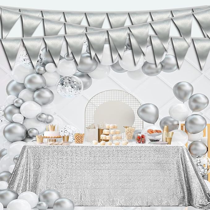 40M/130FT Silver Triangle Pennant Banner Flag Metallic Bunting Garland for Christmas Graduation Wedding Engagement Anniversary Bachelorette Birthday Bridal Shower Valentines Hen Party Supplies