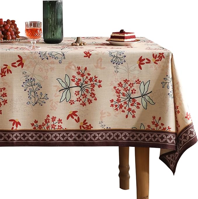 patdrea Vintage French Linen Tablecloth,Rectangular,79"x55"-NewMari | Elegant Printed Table Cloth for Rectangle Table,Red Floral Patterned,Dining Room Kitchen Tea Party Decoration,Durable