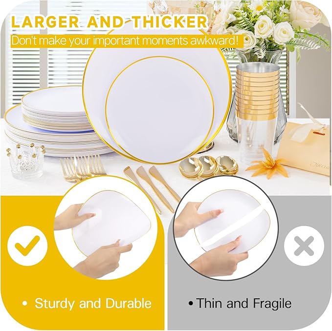 EI 180pcs White and Gold Plastic Plates,Gold Plastic Plates for Party,Fancy Plate Disposable Dinnerware Sets,Gold Disposable Silverware and Cups for Wedding,Baby Shower,Spring Afternoon Tea
