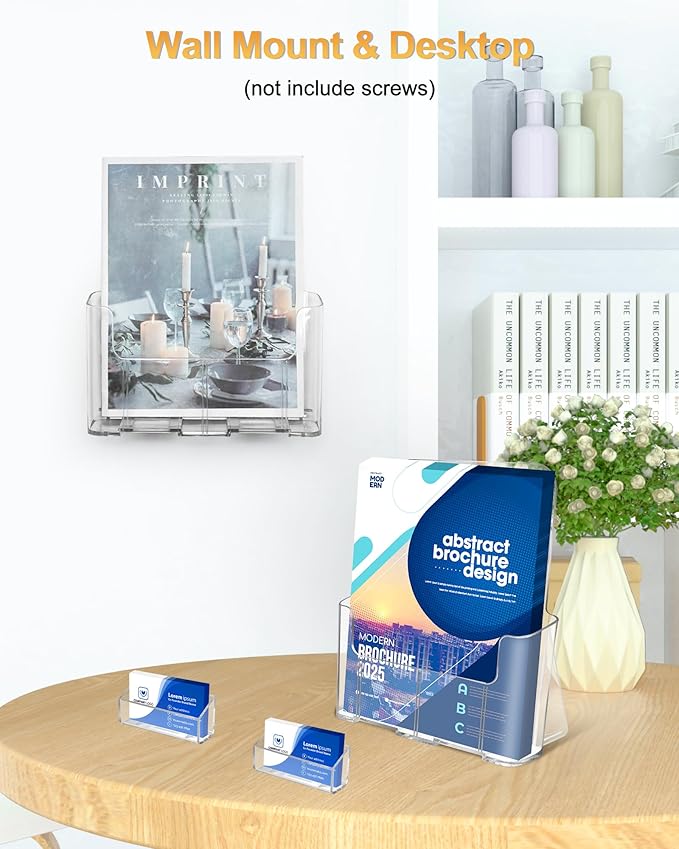 Acrylic Brochure Holder 8.5 x 11, 2 Pack Clear Brochure and Business Rack Card Holder Stand, Wall Mount Flyer Holder for Store Office Magazine Pamphlet Literature Document Menu Journals