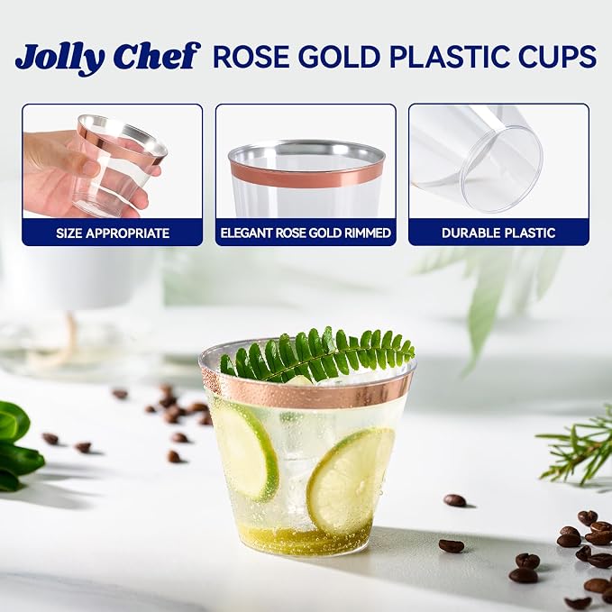 JOLLY CHEF 100 Pack Rose Gold Plastic Cups, 9 oz Clear Plastic Tumblers, Elegant Rose Gold Rimmed Cups, Disposable Glasses for Wedding, Thanksgiving Day, Christmas Party