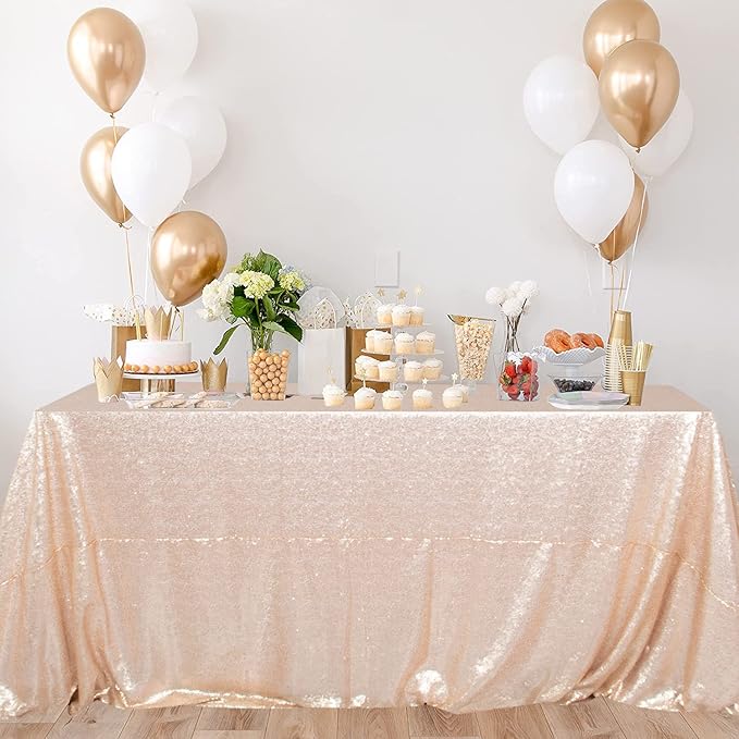 ShiDianYi Rectangle Tablecloth Champagne Sequin Tablecloth 90x132-Inch Sequined Table Cover Overlay for 6FT Table Champagne Blush Sequin Tablecloths Glitter Tablecloth for Party/Wedding/Baby Shower