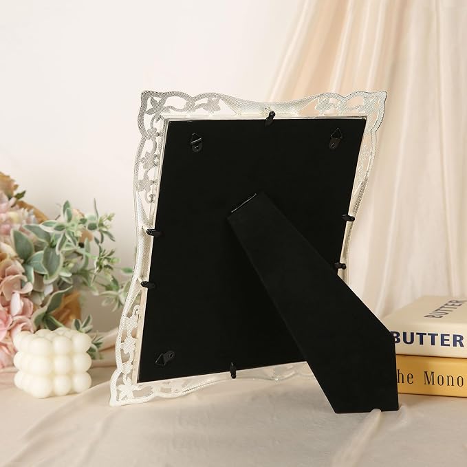 8x10 Vintage Metal White Picture Frame Pearl Antique Ornate Gold Photo Frame Wedding Decoration, Clear Glass Front, Unique Tabletop or Wall Display, Gifts for Mom Women, Horizontally & Vertically